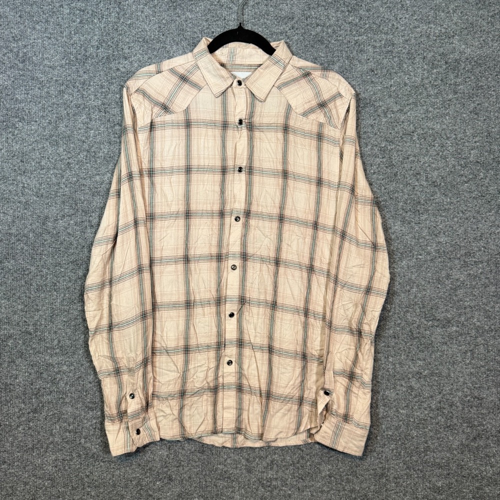 Youngla Shirt Mens Medium Tan Pearl Snap Plaid Lightweight‎ Flannel Western